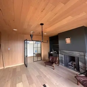 Modern living room with wood flooring and fireplace in a Calgary home addition.